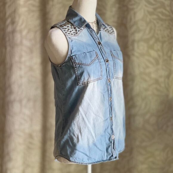 Mudd‎ Studded Denim Punk Sleeveless Button Down Shirt Grunge Western Size S - Picture 2 of 8